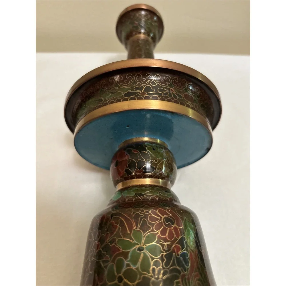 Vintage Chinese Cloisonne Floral Candlesticks Copper Brass 10.5 Inch Set of 2